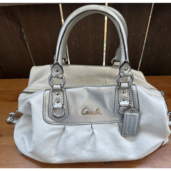 COACH Ashley F15445 Ivory Metallic Leather Convertible Satchel Shoulder Bag - Picture 3 of 12